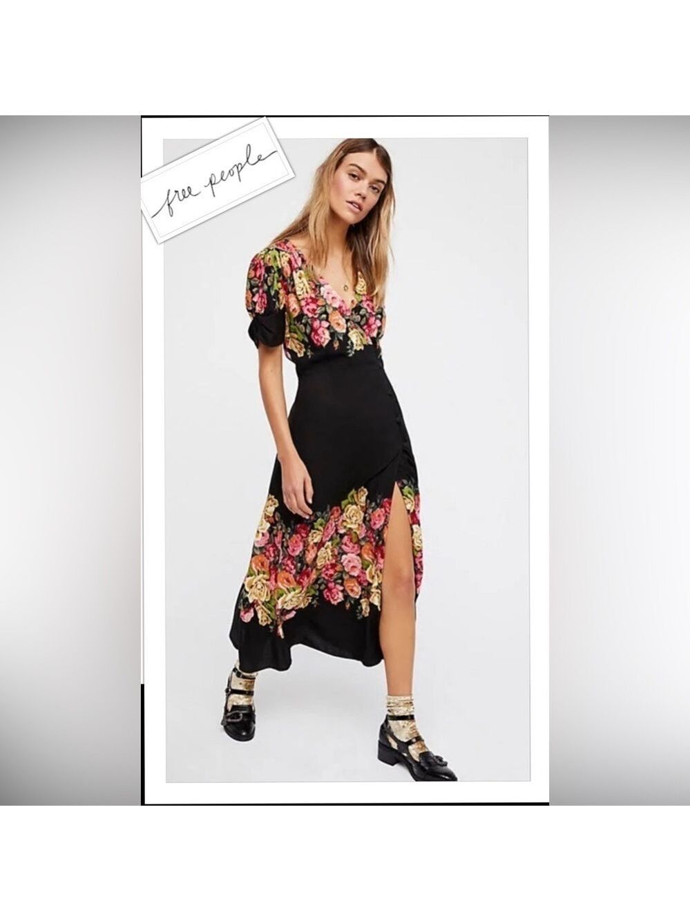 Free People Women's XS Jamie Floral Midi Dress Crepe Button Shift Dress